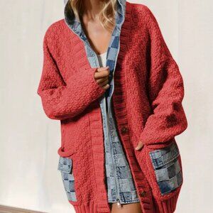 DOUBLE TAKE DENIM AND SWEATER SPLICED CARDIGAN HOODED JACKET